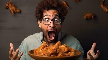 une surpris expression Caisse une marrant homme en mangeant pièces de frit poulet, une Masculin visage avec expression excité à manger aliments. génératif ai photo