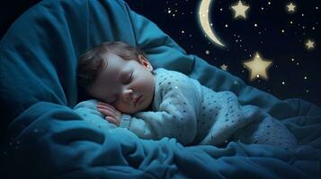 une bébé est en train de dormir confortable sommeil en dessous de le étoiles et le lune à nuit. génératif ai photo
