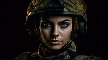 une fort à la recherche femme portant militaire uniforme comprenant camouflage fatigues et une casque. elle est prêt pour guerre à protéger et servir sa pays. génératif ai photo