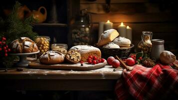 Ingrédients pour cuisson Noël biscuits, vacances décorations autour ai génératif photo