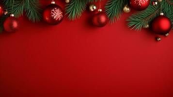 rouge arrière-plan, décoré avec Noël balle, copie espace Haut voir, luxueux décoration Contexte ai généré photo