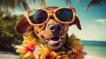 une de bonne humeur teckel chien portant vibrant des lunettes de soleil et une tropical lei, prêt pour une ensoleillé plage journée. génératif ai photo