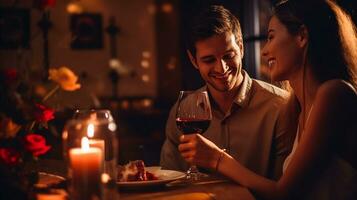 romantique couple partage une moment plus de dîner avec ville lumières toile de fond. génératif ai photo