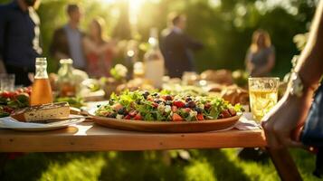 ensoleillé Extérieur rassemblement de copains profiter une été repas avec Frais salades, breuvages, et pain sur une rustique en bois tableau. génératif ai photo