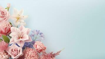 affichage un tableau de Frais fleurs dans bouquets et Célibataire tiges, saupoudré avec rosée, ensemble contre une pastel Contexte. génératif ai photo