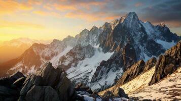 majestueux Montagne de pointe illuminé par d'or lumière du soleil contre une vibrant soir ciel. génératif ai photo