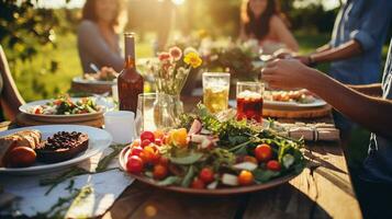 ensoleillé Extérieur rassemblement de copains profiter une été repas avec Frais salades, breuvages, et pain sur une rustique en bois tableau. génératif ai photo