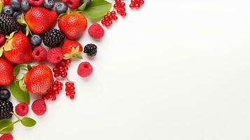 frais, vibrant baies comprenant des fraises, framboises, myrtilles, et mûres, avec menthe feuilles, brillant avec rosée. génératif ai photo