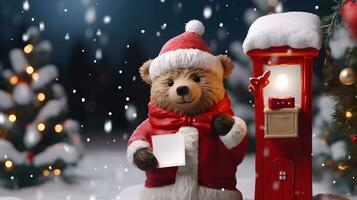 super mignonne nounours ours dans Père Noël chapeau avec boite cadeau. ai généré image photo
