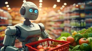 super mignonne robot dans le supermarché achat des légumes. livraison concept. ai généré image. photo