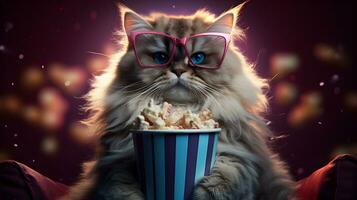 super mignonne duveteux chat en train de regarder film dans le cinéma. ai généré image. photo