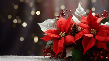 Noël décoration avec poinsettia et pin arrangement. ai généré image. photo