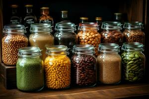 verre pots vitrine le la diversité de légumineuses et haricots, de séché à Frais ai généré photo