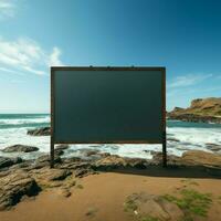 Marin panneau d'affichage Toile vide Cadre ensemble sur plage avec océan panorama pour social médias Publier Taille ai généré photo