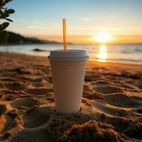 en bord de mer boisson blanc café tasse avec noir paille sur sablonneux plage à lever du soleil pour social médias Publier Taille ai généré photo