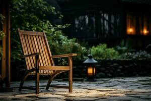 en bois séance chaise des offres répit au milieu de une refroidissement, flou réglage ai généré photo