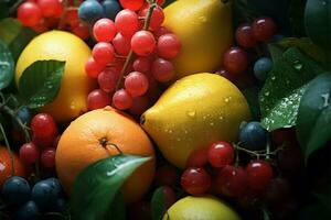 détaillé vue de des fruits, accentué par leur vibrant feuillage ai généré photo