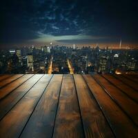 Urbain horizon en bois table en dessous de flou nuit ciel, ville bâtiments doucement illuminé pour social médias Publier Taille ai généré photo