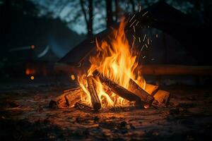 la nuit feu de camp flammes et des étincelles éclairer une touristique camp dans obscurité ai généré photo