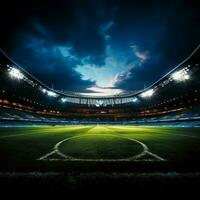 nuit Jeu aura, embrasé projecteurs éclairer Football action sur champ pour social médias Publier Taille ai généré photo