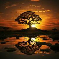 couchers de soleil cadeau arbre silhouette orné par soleils d'or des rayons dans crépuscules Toile pour social médias Publier Taille ai généré photo
