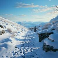 congelé chemin neigeux empreintes dire conte de flanc de coteau montée par du froid terrain pour social médias Publier Taille ai généré photo