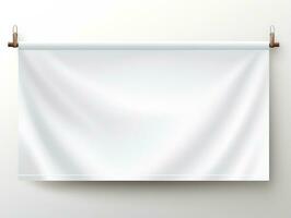 blanc réaliste pendre en tissu horizontal Toile bannière maquette sur le corde pour La publicité ai génératif photo