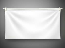 blanc réaliste pendre en tissu horizontal Toile bannière maquette sur le corde pour La publicité ai génératif photo