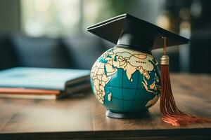 l'obtention du diplôme casquette avec globe emblème de global éducation, étude à l'étranger ai généré photo