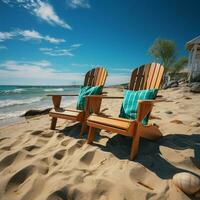 bord de mer loisir chaises sur sablonneux plage sous bleu ciel et ensoleillé éclat pour social médias Publier Taille ai généré photo