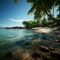 tropical littoral sablonneux plage encadré par gracieux paume des arbres en dessous de bleu ciels pour social médias Publier Taille ai généré photo