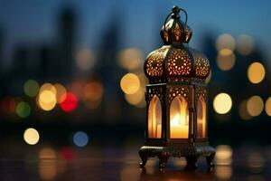 Ramadan éclat lanterne contre nuit ciel et ville bokeh lumières ai généré photo