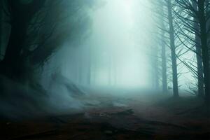 sinistre hiver forêt, épais fumée voiles imposant, 3d énigme arbre ai généré photo