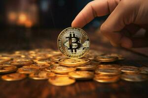 numérique investissement proche en haut de une main en portant bitcoin parmi pièces de monnaie ai généré photo