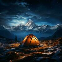 alpin nuit camping tente sous étoiles, entouré par imposant pics et tranquillité pour social médias Publier Taille ai généré photo