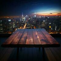 horizon lien en bois table au milieu de ville lumières en dessous de flou nuit ciel pour social médias Publier Taille ai généré photo