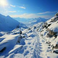 Piste de ascension Humain empreintes marque neigeux flanc de coteau montée avec déterminé pas pour social médias Publier Taille ai généré photo
