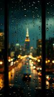 nuit villes lumières diffuser par verre, gouttes de pluie création une rêveur toile de fond verticale mobile fond d'écran ai généré photo