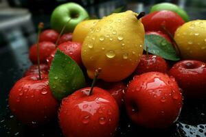 rue des fruits brillant dans pluie, une unique Haut vers le bas la perspective ai généré photo