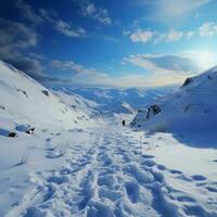 neigeux ascension Humain empreintes marque flanc de coteau montée dans tranquille hiver paysage pour social médias Publier Taille ai généré photo