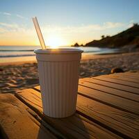 en bord de mer boisson blanc café tasse avec noir paille sur sablonneux plage à lever du soleil pour social médias Publier Taille ai généré photo