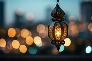 illuminé fête pendaison lanterne avec ville bokeh pour Ramadan kareem ai généré photo
