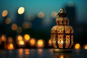 lanternes et ville bokeh lumières en dessous de le soir ciel pour Ramadan ai généré photo