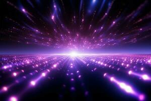 brillant violet toile de fond en volant des points, embrasé cercles, futuriste magique énergie ai généré photo