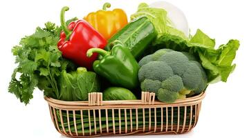 une blanc panier plein des légumes dans blanc Contexte photo