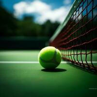 tennis compétition concept avec une diagonale net sur vert tribunal pour social médias Publier Taille ai généré photo