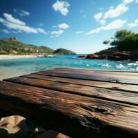 natures étape flou mer île toile de fond cadres en bois table en dessous de Azur ciel pour social médias Publier Taille ai généré photo