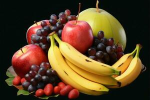 une composition de des fruits Trois bananes, deux raisins, un dragon fruit ai généré photo