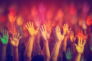 foule applaudissement avec mains élevé dans le air à une la musique Festival ai généré photo