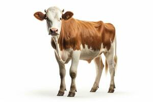 Jeune marron et blanc vache permanent isolé sur blanc arrière-plan, côté vue ai généré photo